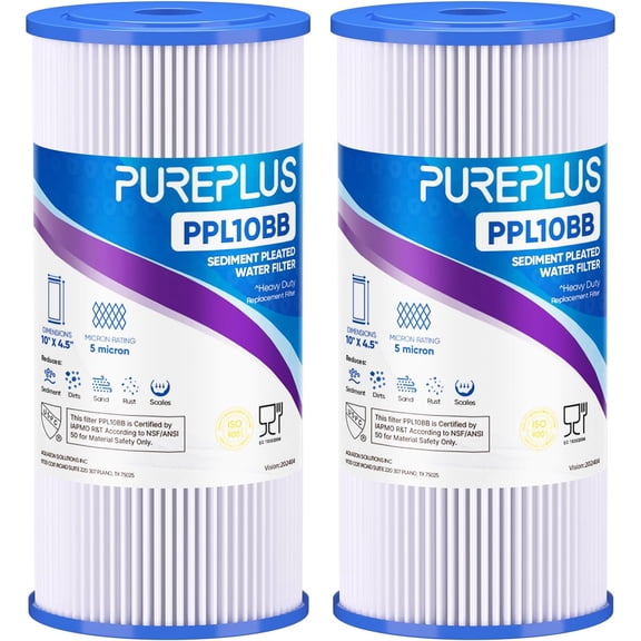 5 Micron 10" x 4.5" Whole House Pleated Sediment Filter for Well Water, Replacement Cartridge FXHSC, Culligan R50-BBSA, R50-BB, DuPont WFHDC3001, W50PEHD, GXWH40L, 2Pack