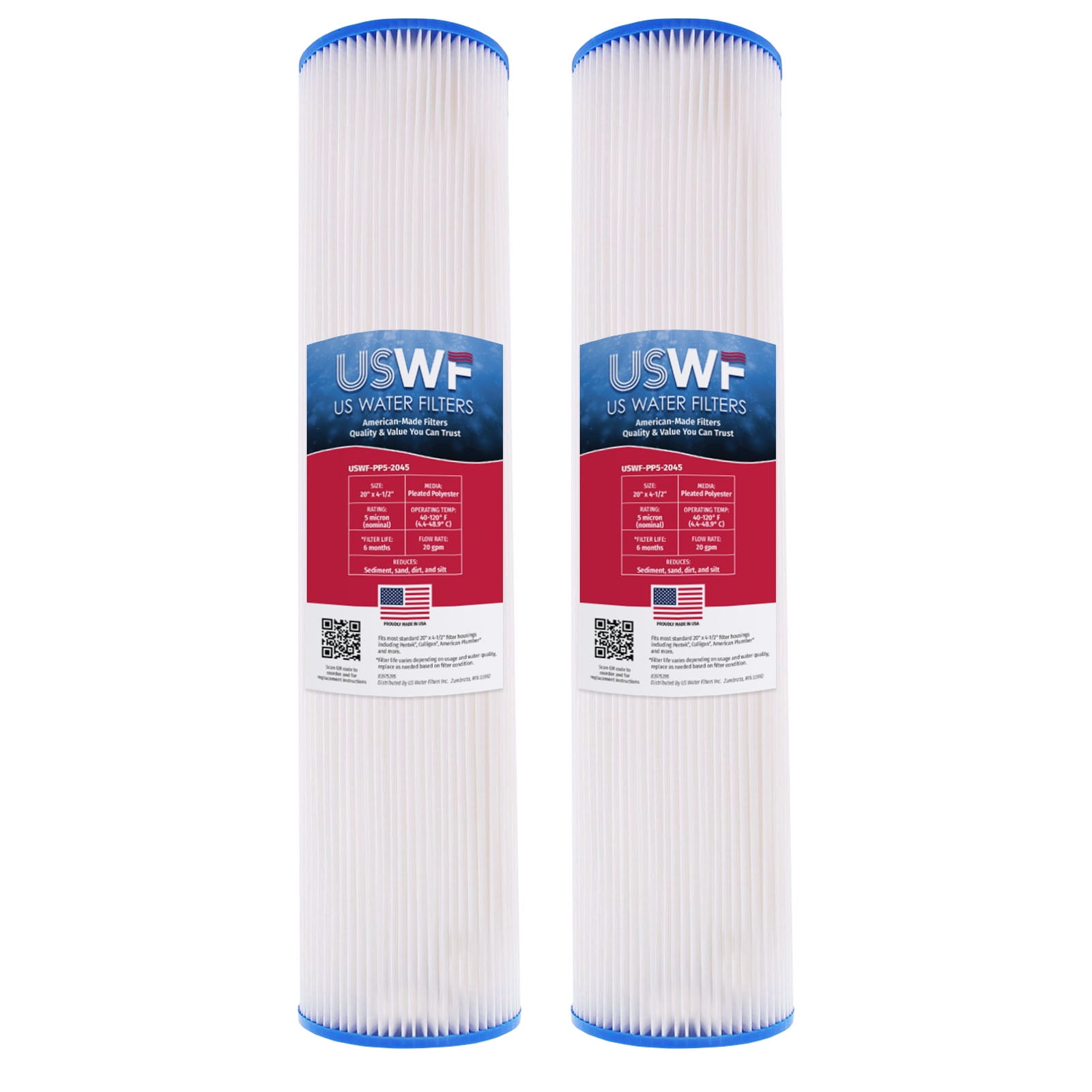 5 Micron 20 Inch x 4.5 Inch | 2-Pack Pleated Polyester Whole House Sediment Replacement Cartridge | Compatible with Watts WPC5FF20, Hydronix SPC-45-2005