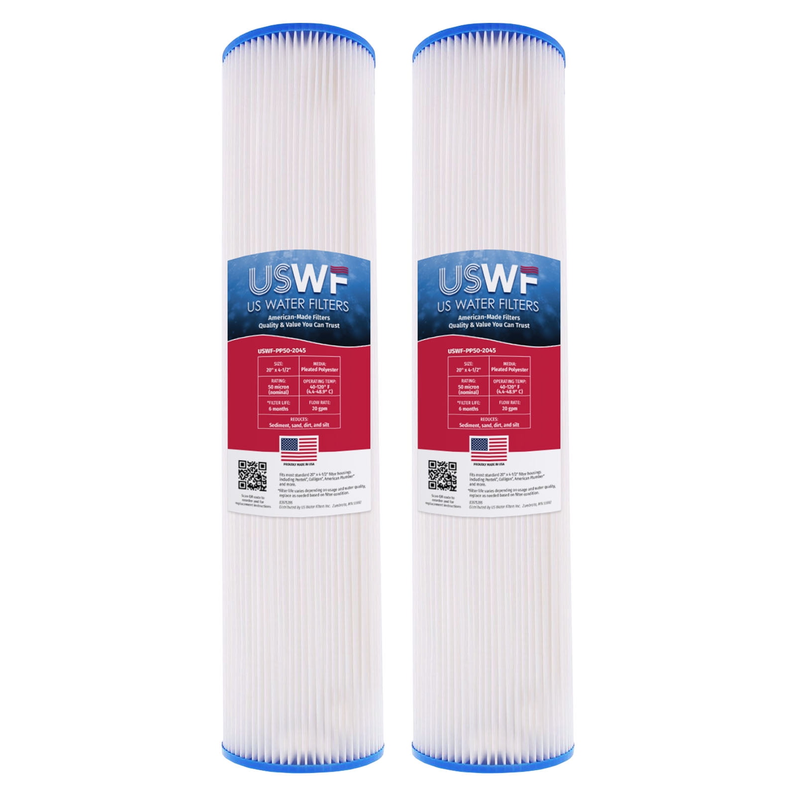 50 Micron 20 Inch x 4.5 Inch | 2-Pack Pleated Polyester Whole House Sediment Replacement Cartridge | Compatible with Watts FM-BB-50-20, Hydronix SPC-45-2050