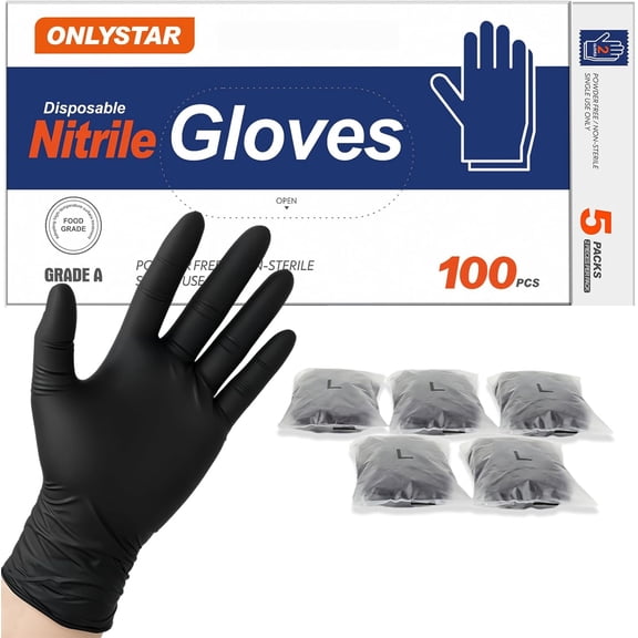 5-Mil Food Grade Disposable Nitrile Gloves Large, 100Pcs + 5 Bonus Travel Packs Black Cooking Gloves, Latex & Powder Free, Touchscreen, Textured Grip for Cleaning, BBQ, Grill, Tattoo, Barber