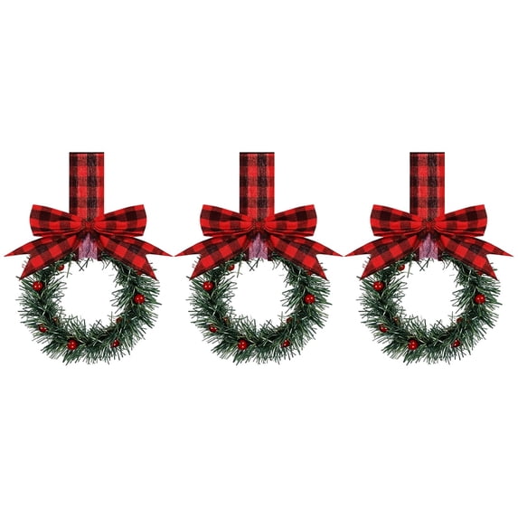 5" Mini Christmas Wreaths 3 Pack for Kitchen Cabinet,Small Xmas Wreath Decoration,Artificial Wreath with Ribbon Bows and Berries,Farmhouse Hanging Decor for Window Wall and Front Door