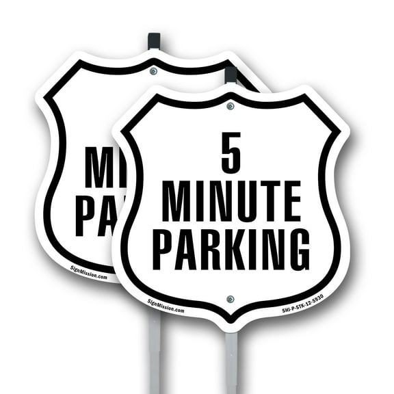 5 Minute Parking (2 Pack) 12 inch X 12 inch Shield Shaped Rust-Free Aluminum Metal Signs with Aluminum Mounting Stakes Weather Resistant Made in the USA