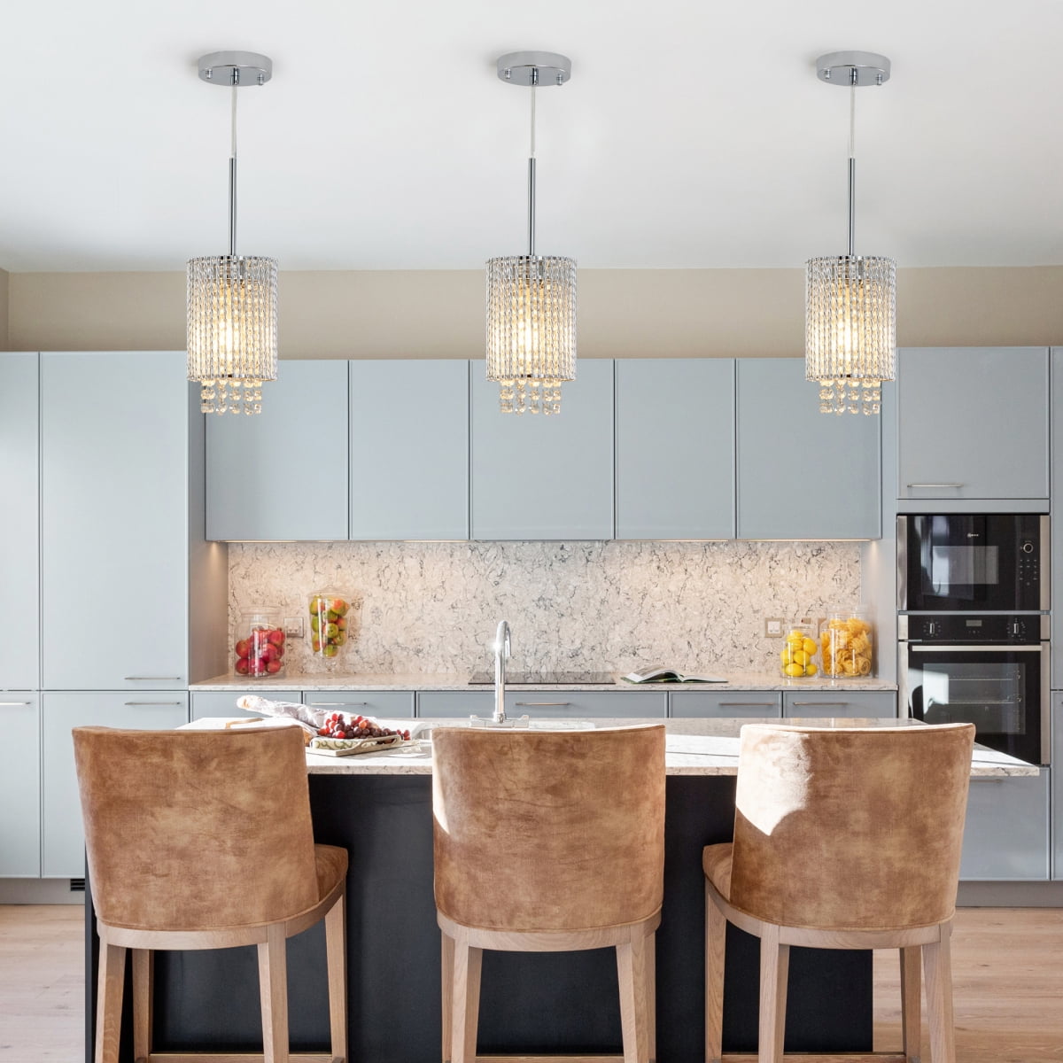 5" Modern Crystal Pendant Light 3-Pack Adjustable Chrome Hanging Ceiling Fixture with Clear Beads, Elegant Design for Kitchen Island, Dining Room, or Living Room (No Bulbs)-Y