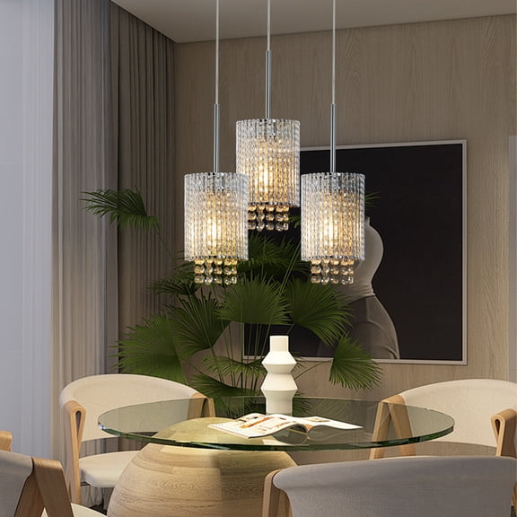 5" Modern Crystal Pendant Light 3-Pack, Adjustable Chrome Hanging Ceiling Fixture with Clear Beads for Kitchen Island, Dining Room, Living Room (Bulbs Not Included)