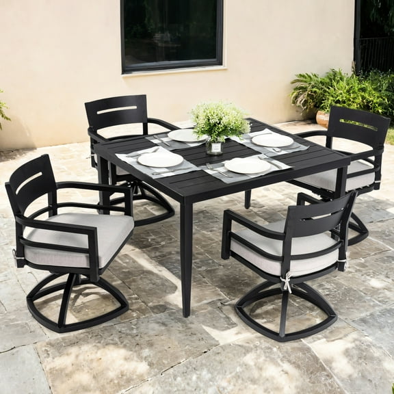5 Modern Outdoor Dining - Aluminum, 4 Swivel Rocker Chairs & Table Cushions Ember Black Patio Configuration 5, Rockers, 40" Square Table, Cushions,
