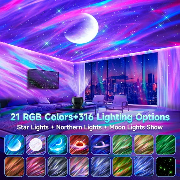 5 Moon Patterns + 21 RGB Colors  Light Projector with Northern Lights Effects,  Speaker & 15 White Noise Sounds