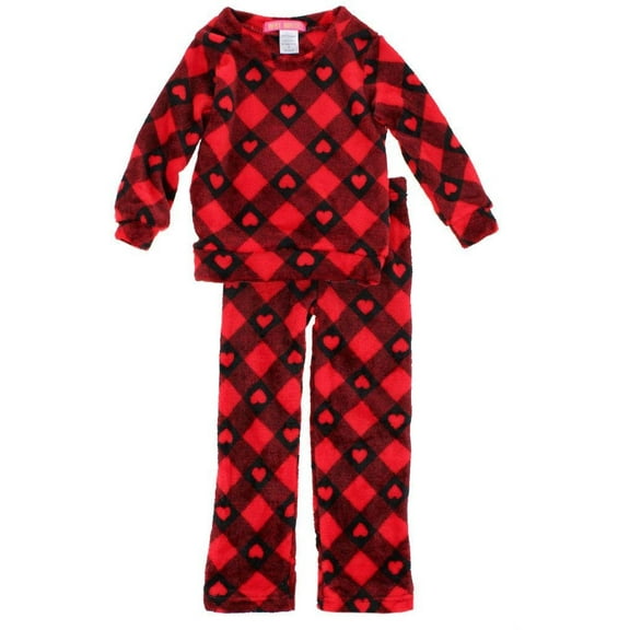 5 More Minutes Girls Buffalo Check Hearts Love Pant Plush Lounge Set
