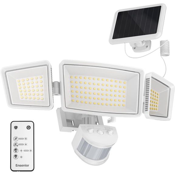 Ensenior 5 Motion Sensor Modes Solar Security Light, 1800LM 270 Wide Angle 3 Heads LED Flood Lights, IP65 Waterproof Wall Separate Panel Remote Control Lights Outdoor