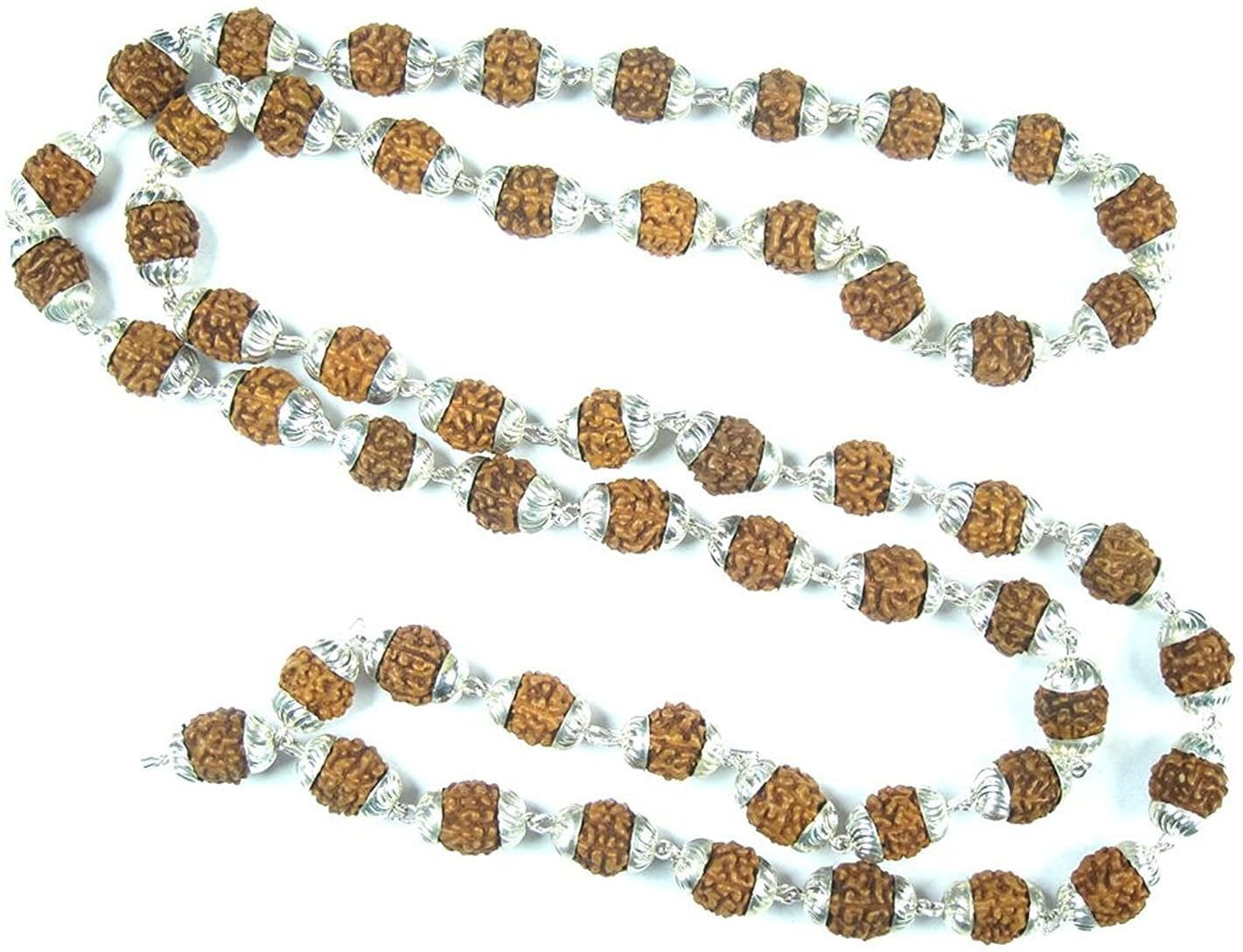 5 Mukhi Rudraksha Bead Necklace Silver Capping (Round, Brown, Adult Unisex)