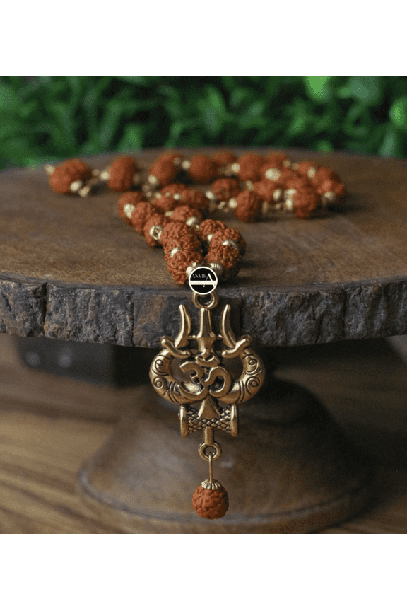 5 Mukhi Rudraksha Brass Cap Mala with Shiv Trishul Pendant Indian Spiritual Jewelry for Men and Women | Religious Necklace for Meditation & Prayer