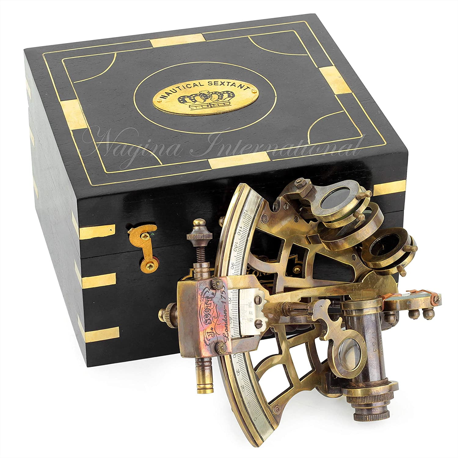 5" Nautical Sextant J Scott London Functional Replica with Wooden Box | Antique Brass Maritime Navigation Instruments for Mariners & Surveyors | Vintage Appeal Collectible Birthday Gift