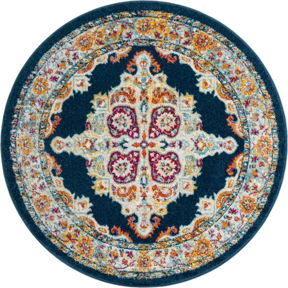 5' Navy Blue and Beige Border Round Area Throw Rug