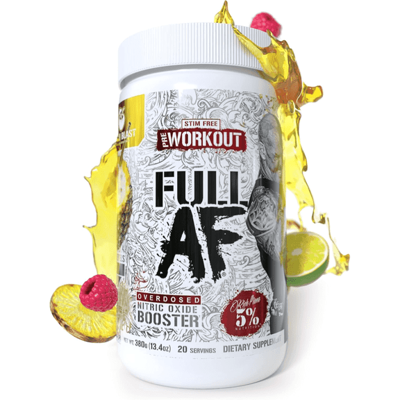 5% Nutrition Full AF Pre-Workout Stim-Free Powder Supplement, Caffeine-Free Max Pumps, 20 Servings (Beach Blast)