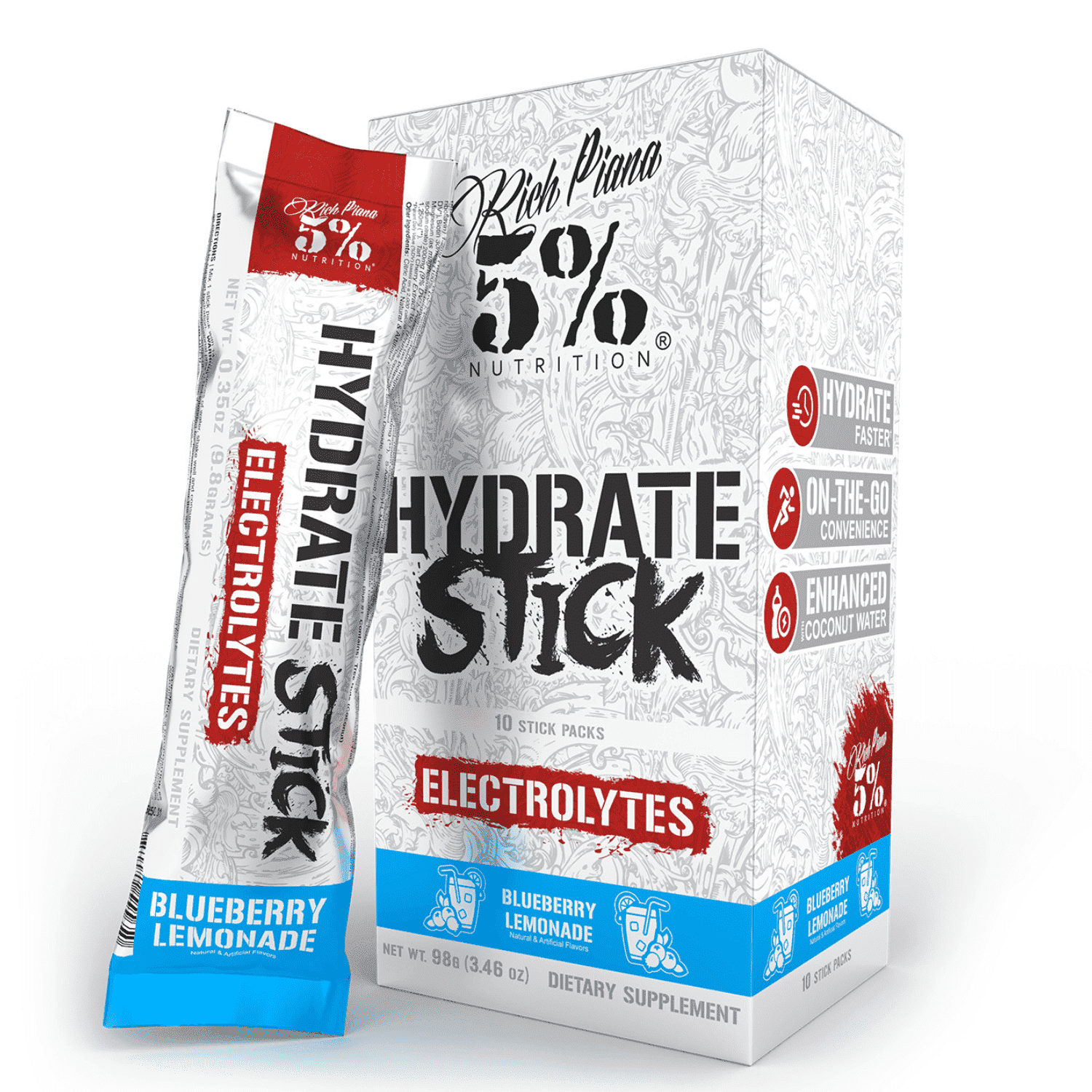5% Nutrition Hydrate Stick Electrolyte Powder Packets, Coconut Water Hydration Supplement - 10 Count (Blueberry Lemonade)