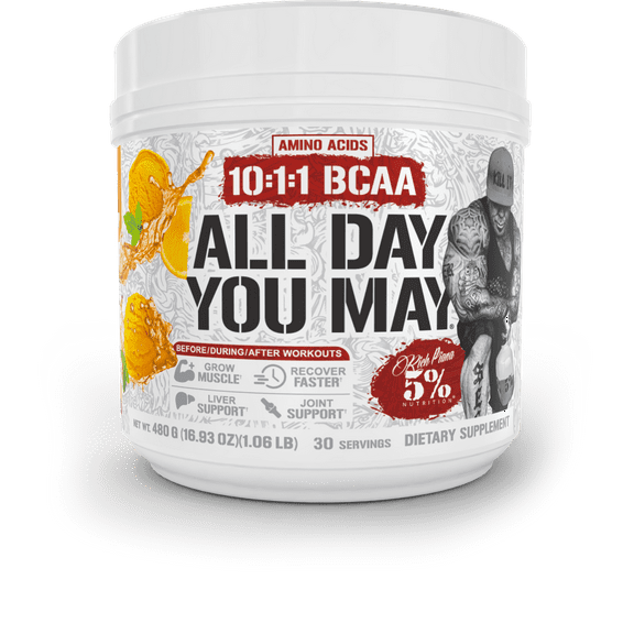 5% Nutrition Rich Piana AllDayYouMay BCAA Powder Supplement, Premium Intra & Post Workout Amino Acids, Hydration, Endurance, Muscle Recovery, Joint & Liver Support 16.9oz 30 Servings (Push Pop)