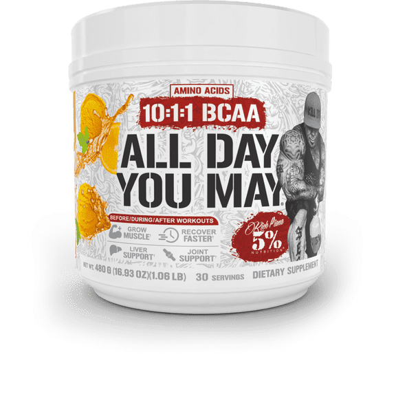 5% Nutrition AllDayYouMay BCAA Amino Acids Powder Supplement, Workout Hydration, Muscle Recovery, Joint & Liver Support - 30 Servings (Push Pop)