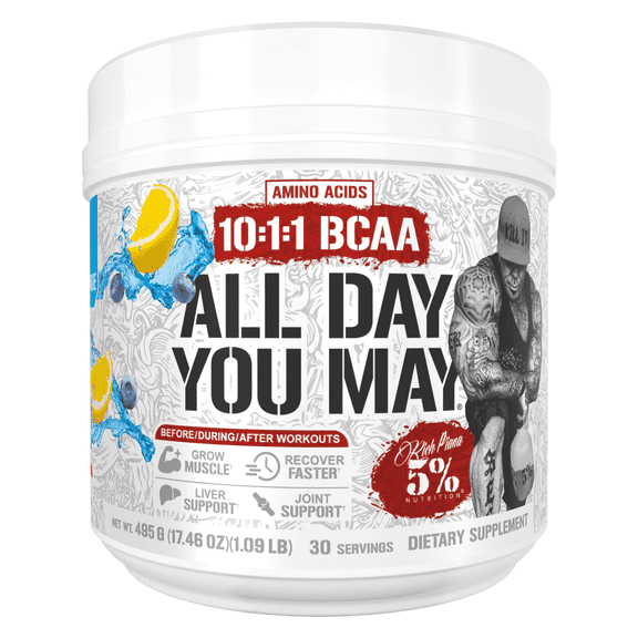 5% Nutrition Rich Piana AllDayYouMay BCAA Powder Supplement, Premium Intra & Post Workout Amino Acids, Hydration, Endurance, Muscle Recovery, Joint & Liver Support 17.5oz (Blueberry Lemonade)