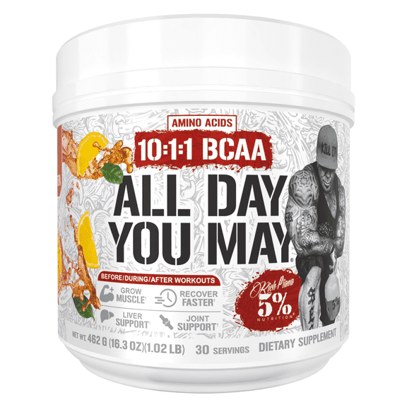 5% Nutrition Rich Piana AllDayYouMay BCAA Powder Supplement, Premium Intra & Post Workout Amino Acids, Hydration, Endurance, Muscle Recovery, Joint & Liver Support 16.9oz (Southern Sweet Tea)