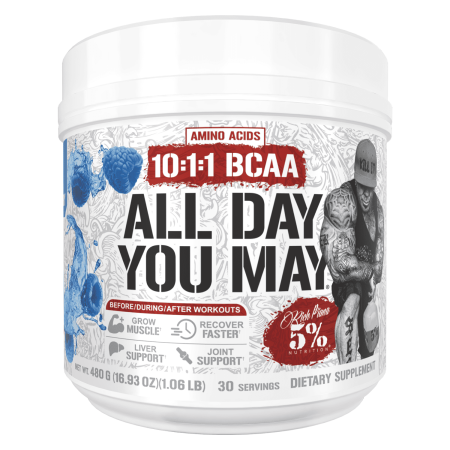 5% Nutrition Rich Piana AllDayYouMay BCAA Powder Supplement, Premium Intra & Post Workout Amino Acids, Hydration, Endurance, Muscle Recovery, Joint & Liver Support 16.9oz 30 Servings (Blue Raspberry)