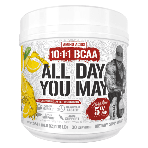 5% Nutrition Rich Piana AllDayYouMay BCAA Powder Supplement, Premium Intra & Post Workout Amino Acids, Hydration, Endurance, Muscle Recovery, Joint & Liver Support 16.9oz (Italian Lemon Ice)