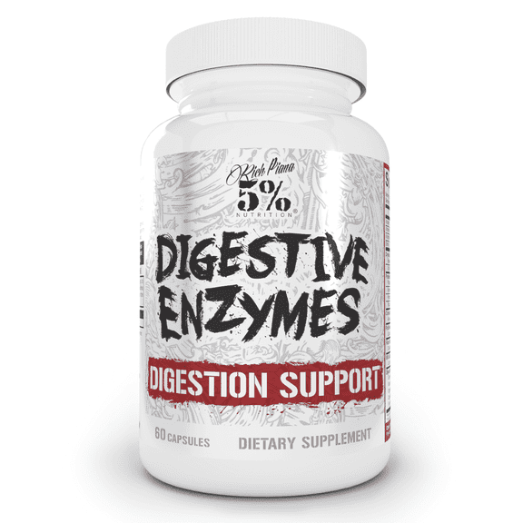 5% Nutrition Rich Piana Digestive Enzymes w/Vitamin B Complex | Enzymes for Protein, Carb, Fat, Fiber & Lactose Breakdown Betaine, Bromelain, Papain (Papaya), Lipase, Lactase, 60 Veg Caps (30 Svgs)
