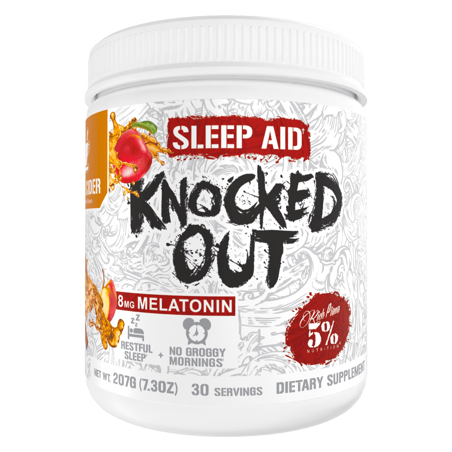 5% Nutrition Rich Piana Knocked Out Natural Sleep Aid | Post-Workout Recovery & Deep Sleep Supplement | GABA, Melatonin, Chamomile, Tyrosine, 5-HTP, & More | 7.2 oz, 30 Servings (Apple Cider)