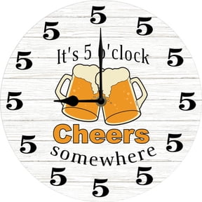 It's 5 O Clock Somewhere Wall Clock Funny Bar Decor, Gift for Man, Beer Lover Home Decorations, Farmhouse Wooden Decor Silent Non Ticking Battery Operated