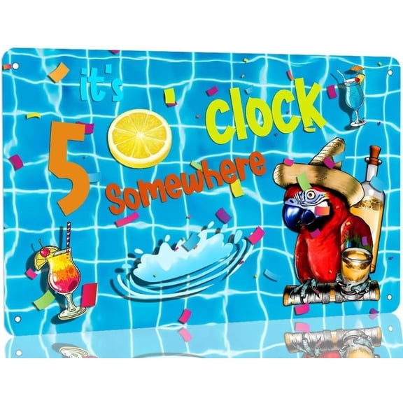 It's 5 O'clock Somewhere Pool Metal Tin Sign Swimming Pool Decorations Outdoor Poolside Metal Sign Plaque for Beach Home Bar Pool Party Deck Backyard Decor 8x12 Inch