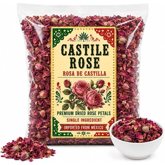 5 OZ Castile Rose Dried Petals, Rosa de Castilla Red Rose Whole Buds, Rosa Centifolia, Dried Rose Flowers for Tea, Potpourri, Crafts & Culinary Decoration, Imported from Mexico