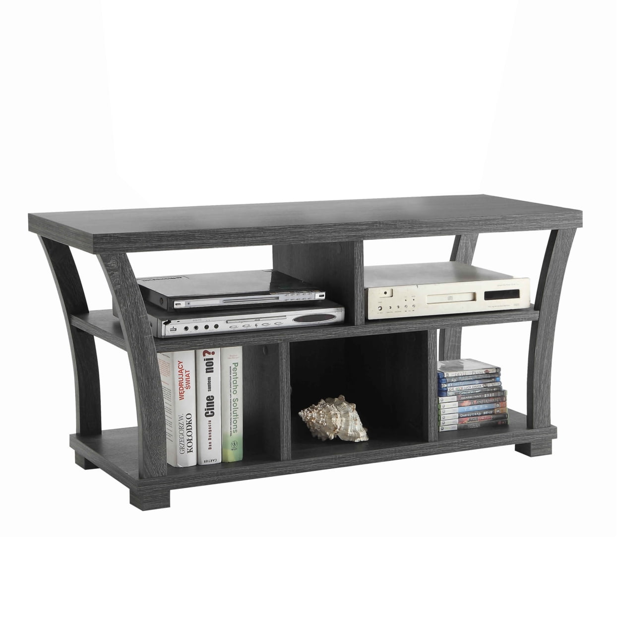 5 Open Compartment Wooden TV Stand with Flared Legs and Block Base ...