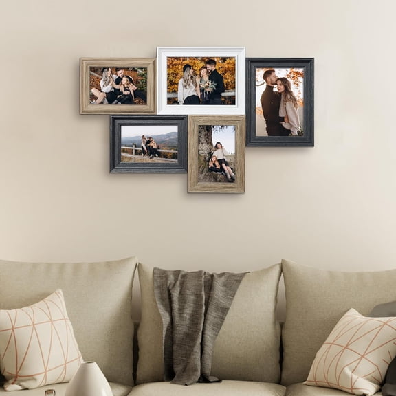5-Opening Collage Picture Frame – Rustic Multi-Tone Wall Frame for 4x6 Photos, One-Piece Cut & Joined Design, Mixed Wood-Look Finish