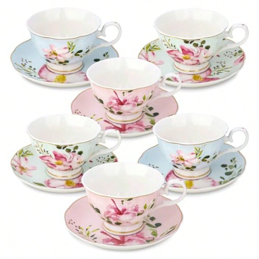 5-Ounce Floral Tea Cups and Saucers Set of 6 Assorted Pastel Flowers ...