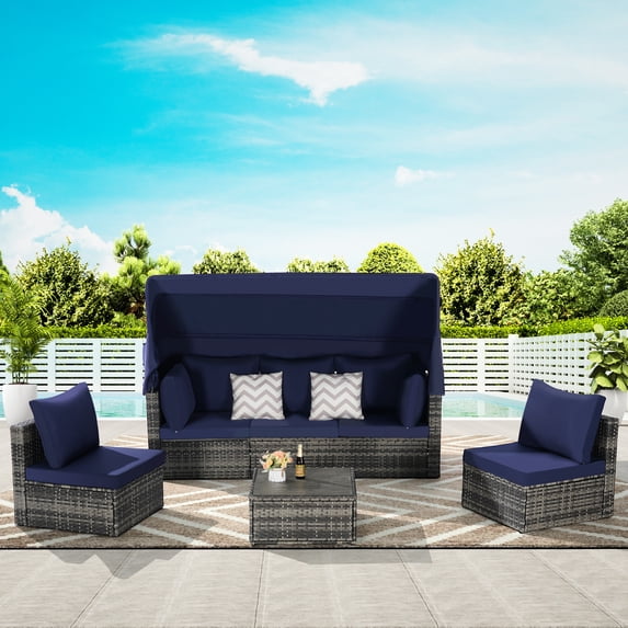 5 Outdoor Patio Daybed With Canopy & Side Table. Strong All-weather , Fully Welded Steel. Large Washable Cushions. - Breathable Fabric. Effortless Movement Curved Back. Gray , Dark Blue Seats 6