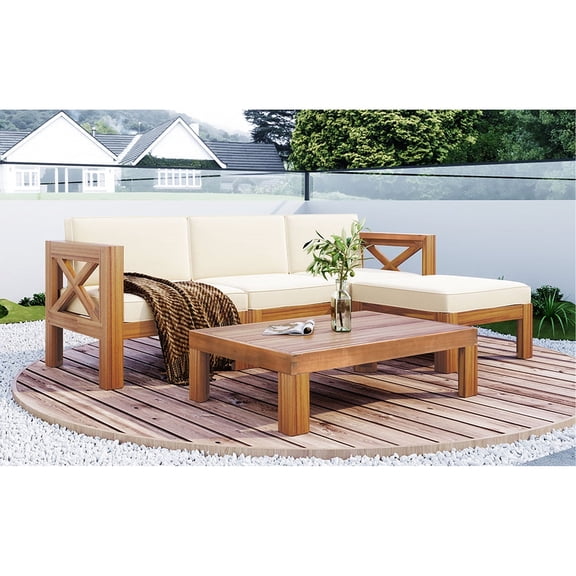 5 Outdoor Patio Seating Group With Cushions, Wood Frame, Beige, Design, Water-, Ideal For Gardens & Outdoors Sectional Hardwood, , Enjoyment Spots