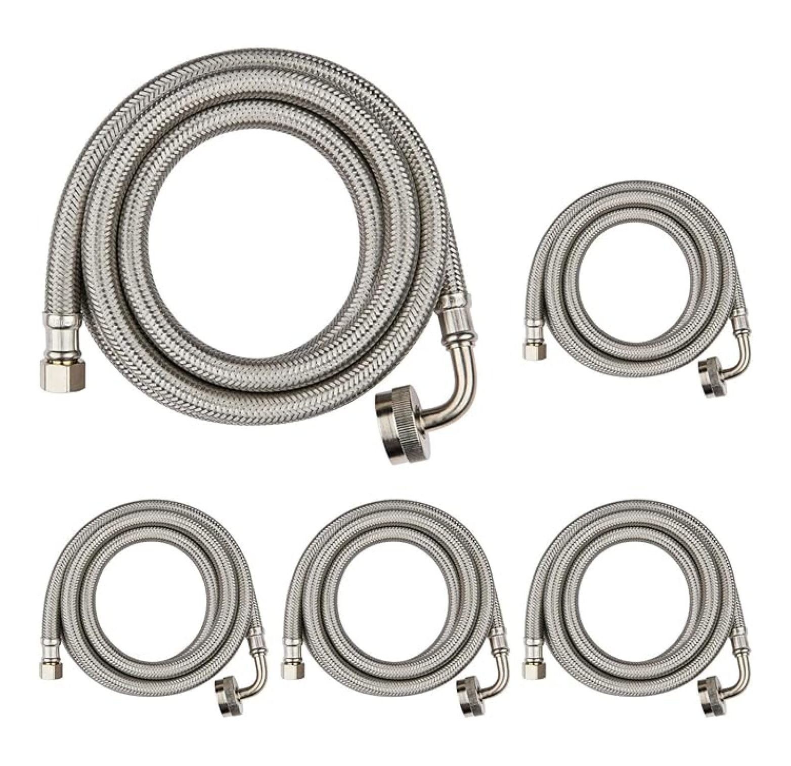 5-PACK 10 FT Stainless Steel Dishwasher Hose with 90 Degree FGH Elbow, 3/8" Comp x 3/4” FHT Water Supply Line