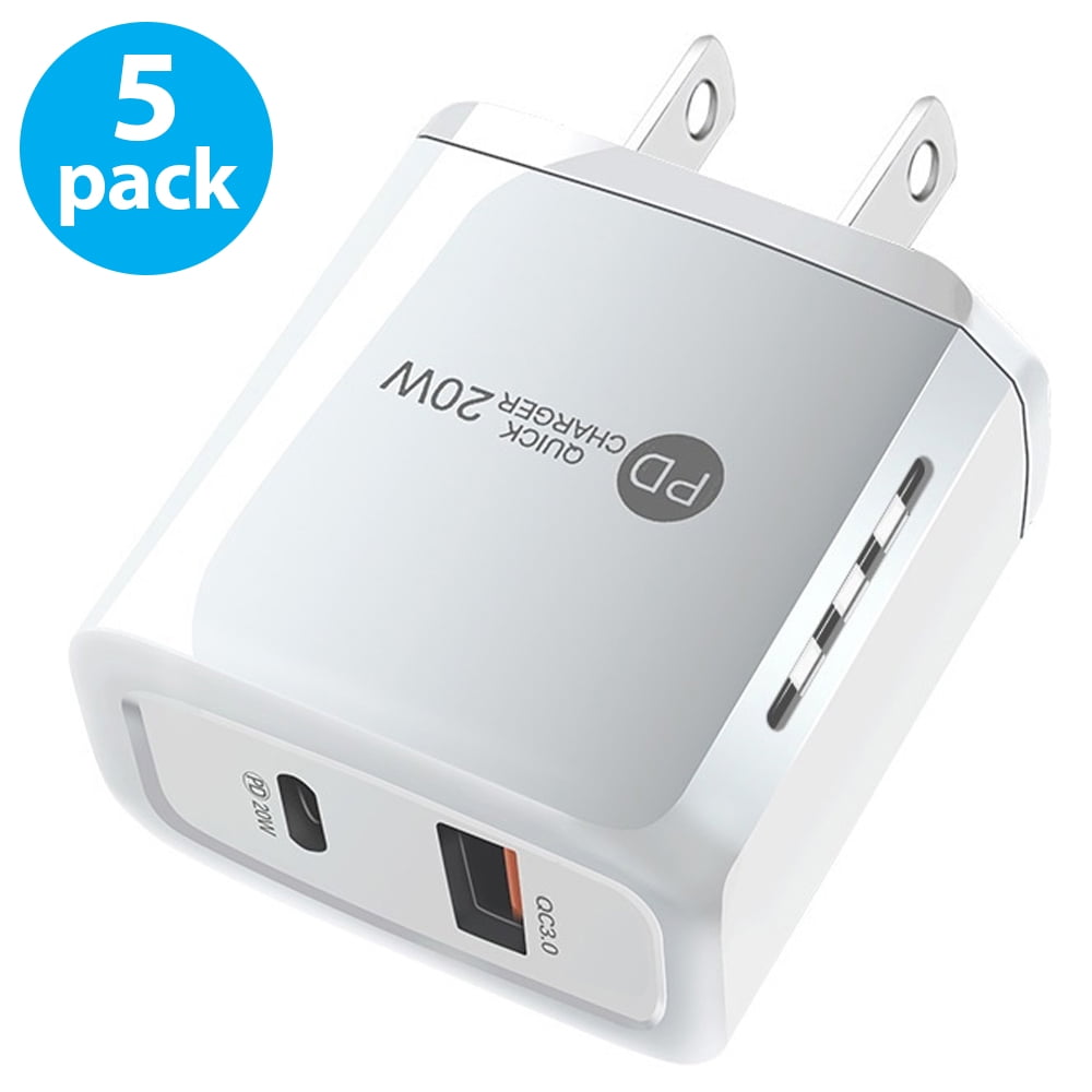 5-PACK 20W Dual Port PD USB-C and USB-A Fast Charging USB Type C Wall Charger Power Adapter Travel Plug for iPhone 14/13/12/11 Pro Max Mini, iPad, Samsung Galaxy S20/S21/S22/S23 Ultra, White