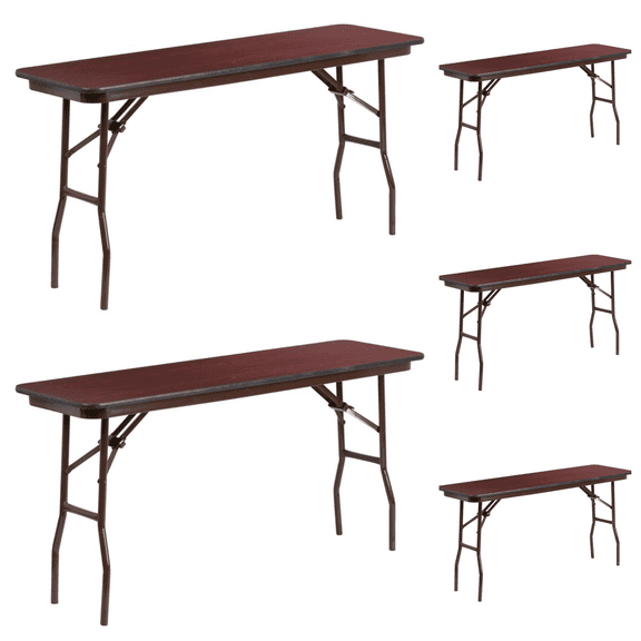 (5 PACK) 24'' x 48'' Rectangular Mahogany Melamine Laminate Folding Banquet Table
