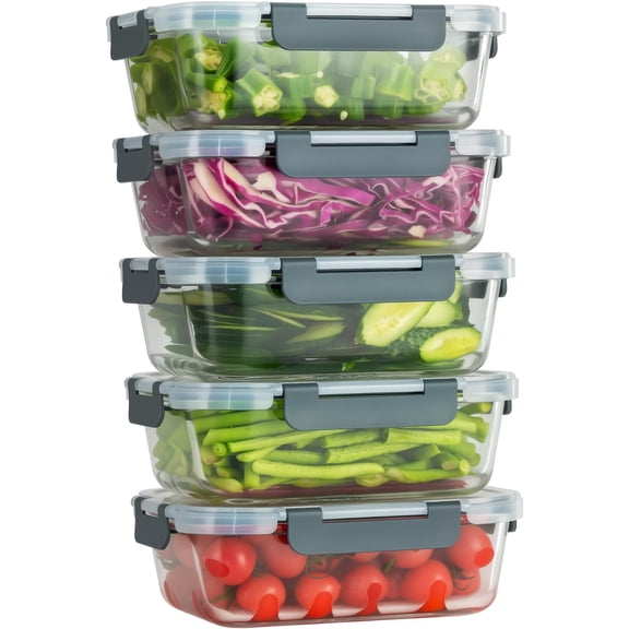 5 PACK 36 oz Glass Meal Prep Containers, Glass Containers with Snap-Lock , Airtight Lunch Containers, Microwave, Oven, Refrigerator and Dishwasher Safe,Gray