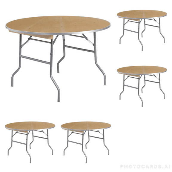 (5 PACK) 48" Round Birchwood Folding Banquet Table with Aluminum Edge Band - Commercial Quality Banquet Table / 4-Foot Round Birchwood Folding Banquet Table