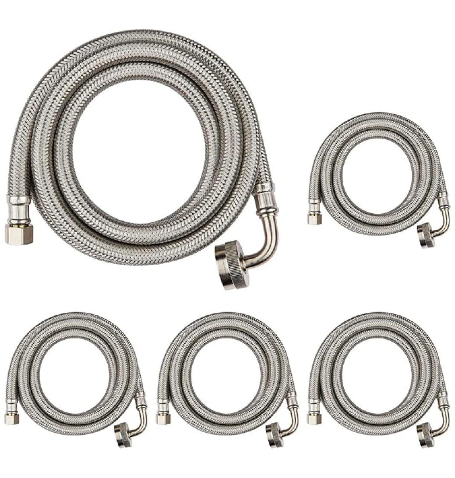 5-PACK 4 FT Stainless Steel Dishwasher Hose with 90 Degree FGH Elbow, 3/8" Comp x 3/4” FHT Water Supply Line