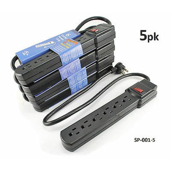 5-PACK 6 Outlet Vertical Surge Power Strip, 90 Joules, w/ 90 Degree 2ft Cable