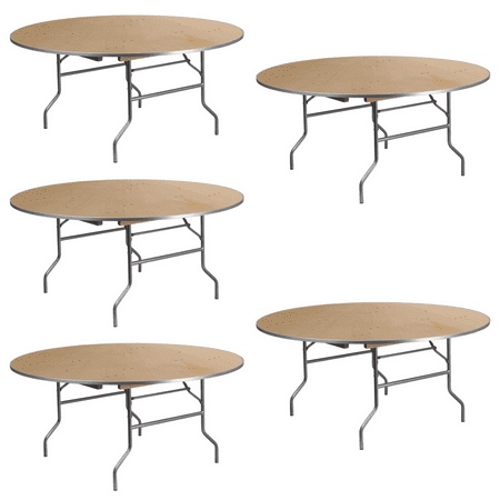 (5 PACK) 66'' Round Birchwood Folding Banquet Table with Metal Edges - Commercial Quality Banquet Folding Table