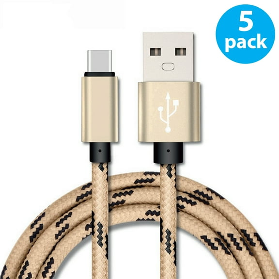 5-PACK 6FT USB Type C Cable, Fast Charger, USB-A to USB-C Charging Cord, Nylon Braided, Compatible with Samsung Galaxy S23, S22, S21, S20, S10, S9, Note20 10 9, Universal USB-C Charger, Gold