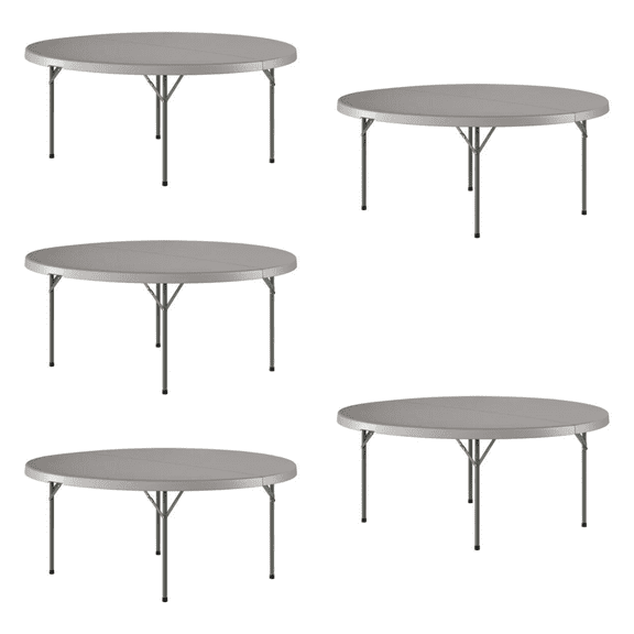 (5 PACK) 72'' Round Gray Plastic Folding Table - 6-Foot Round Heavy Duty Gray Plastic Folding Banquet Table