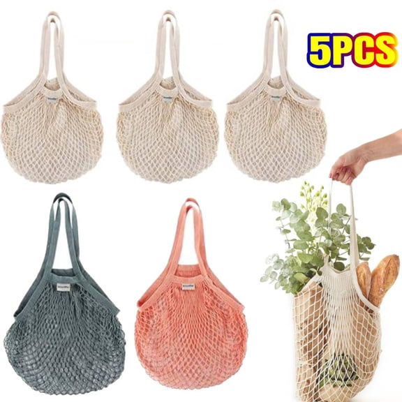 5 PACK Cotton String Shopping Bags Reusable Washable Grocery Mesh Bags Organizer for Grocery Shopping Produce Net Bags with Longhandle for Fruit Vegetable Storage