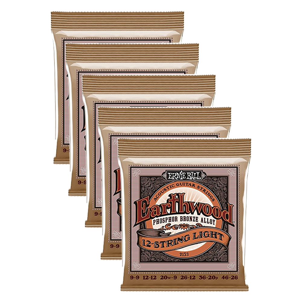 5 PACK Ernie Ball P02153 Earthwood 12-string Light Phosphor Bronze Acoustic String Set .009 - .046