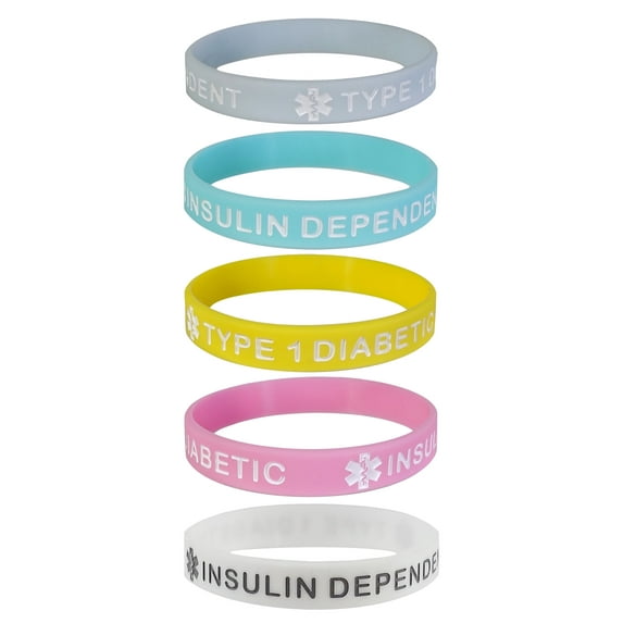 5 PACK "TYPE 1 DIABETIC" Medical Alert ID Silicone Bracelet Wristbands ADULT SIZE (8 Inches)