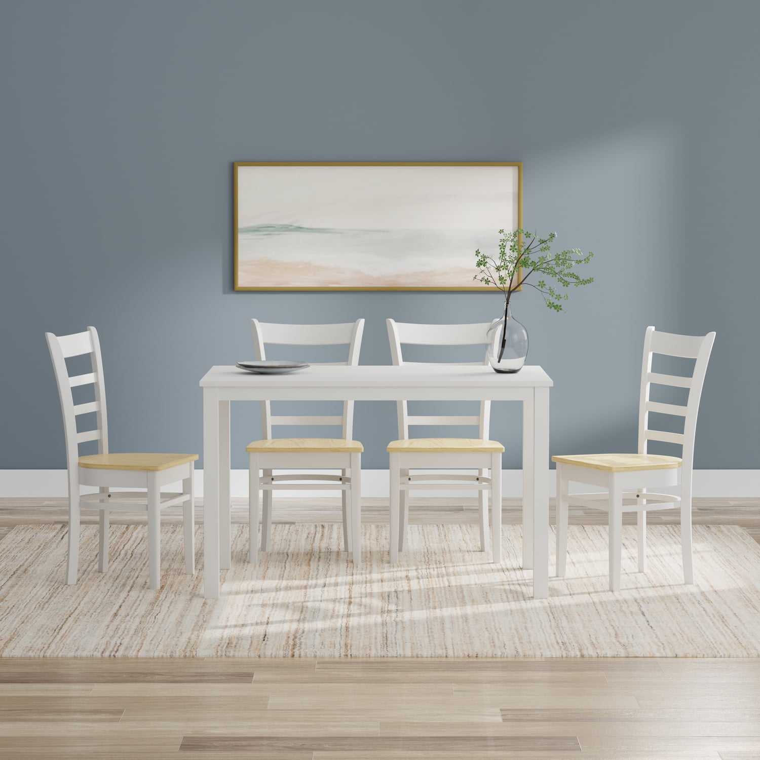 5-PC - 48" Wood Dining Table in White + White/Natural Slat Back Dining Chairs Dining Set ...