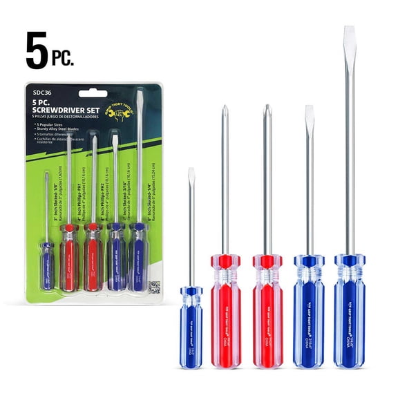 Grip Tight Tools 5 peice Screwdriver Set ( 3", 4", 6" Slotted/ 4" PH1, PH2)