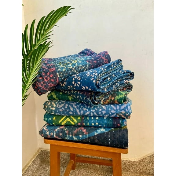 5 PC's Hand Dyed Indigo Cotton Kantha Quilts Hand-Block Printed Bohemian Reversible Kantha Throws